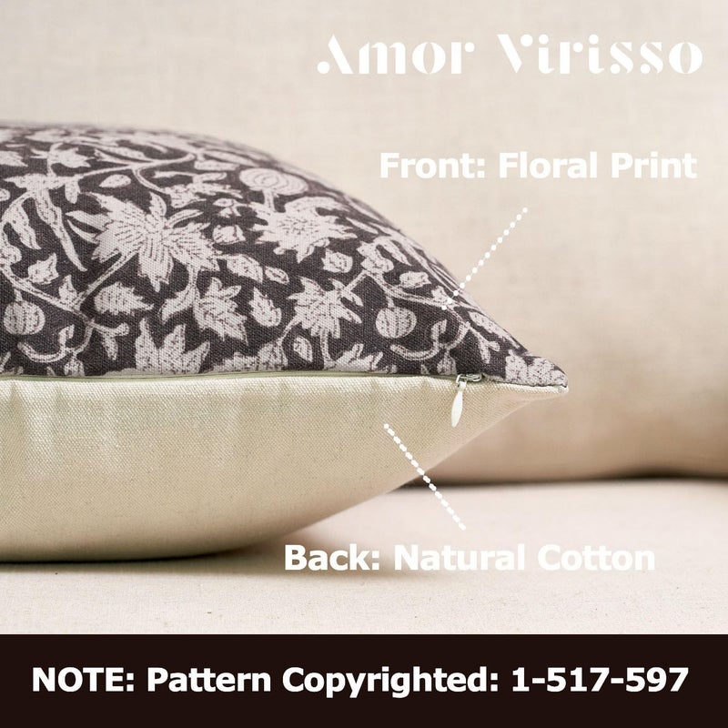 Amor Virisso Throw Pillow Covers 20x20 Neutral Floral Block Print Farmhouse Decorative Accent Pillows for Couch Bed Living Room Sofa 1PC, Dark Brown - Image 2
