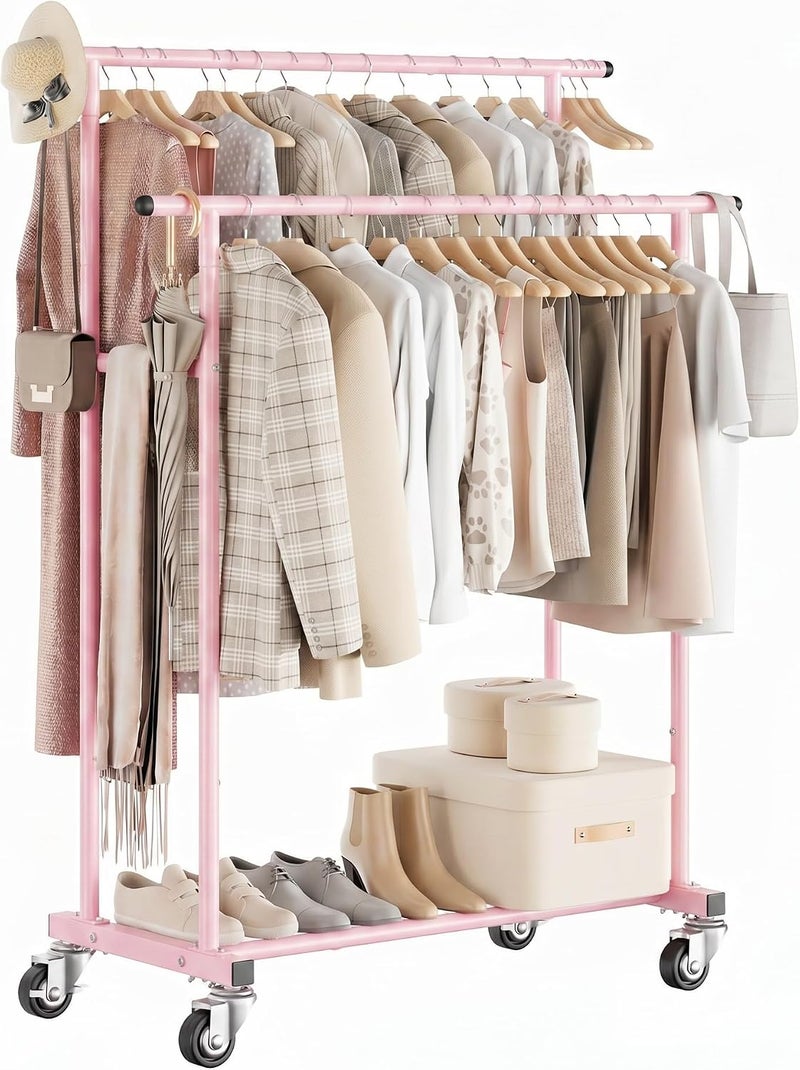 Calmootey Double Rail Clothes Rack, Rolling Clothes Rack, Portable Clothes Organizer for Bedroom, Living Room, Clothing Store, Pink - Image 2