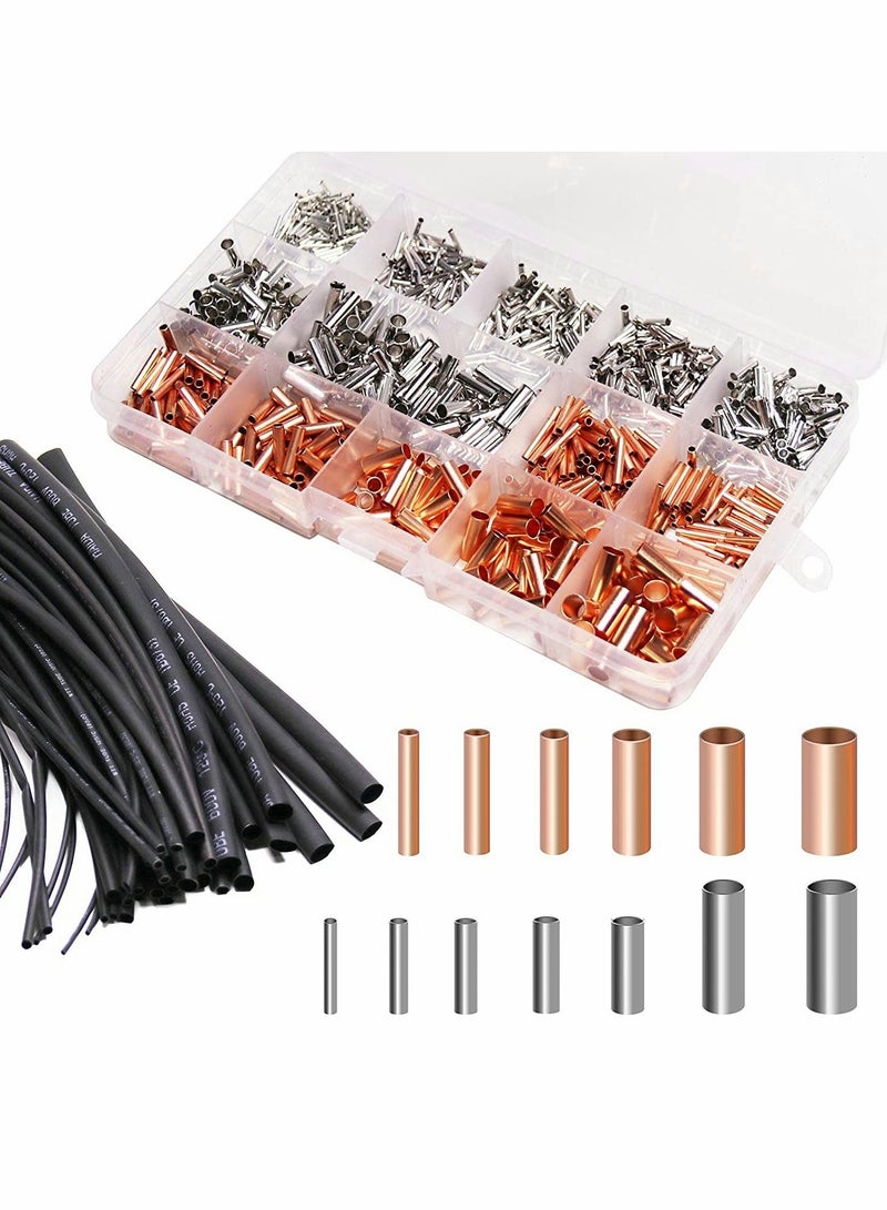 Excefore Wire Ferrules Kit Tinned Copper Crimp Connector Non Insulated Electrical Cable Pin Cord End Terminal Assortment Kit with 48Pcs Heat Shrink Tubing - Image 1