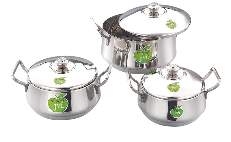 JVL طقم قدر طهي من الفولاذ المقاوم للصدأ مع غطاء ومقبض 800 1250 1900 مل 3 قطع طقم هاندي عادي للطهي - Image 1