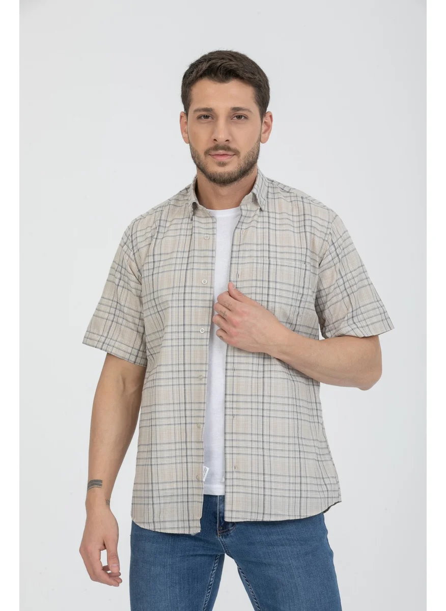 Varetta Men's Beige Pocket Short Sleeved Summer Cotton Shirt
