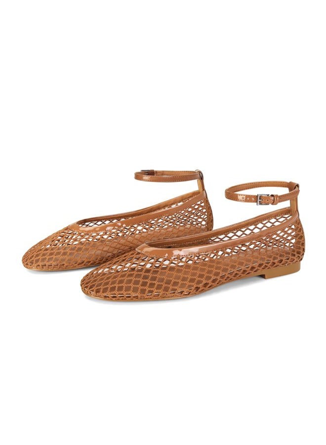 Wnshonzy Mesh Ballet Flats for Women Round Toe Buckle Strap Fishnet Mary Jane Flats Comfy Casual Office Womens Summer Flats Shoes, Apricot, 7.5 - Image 1