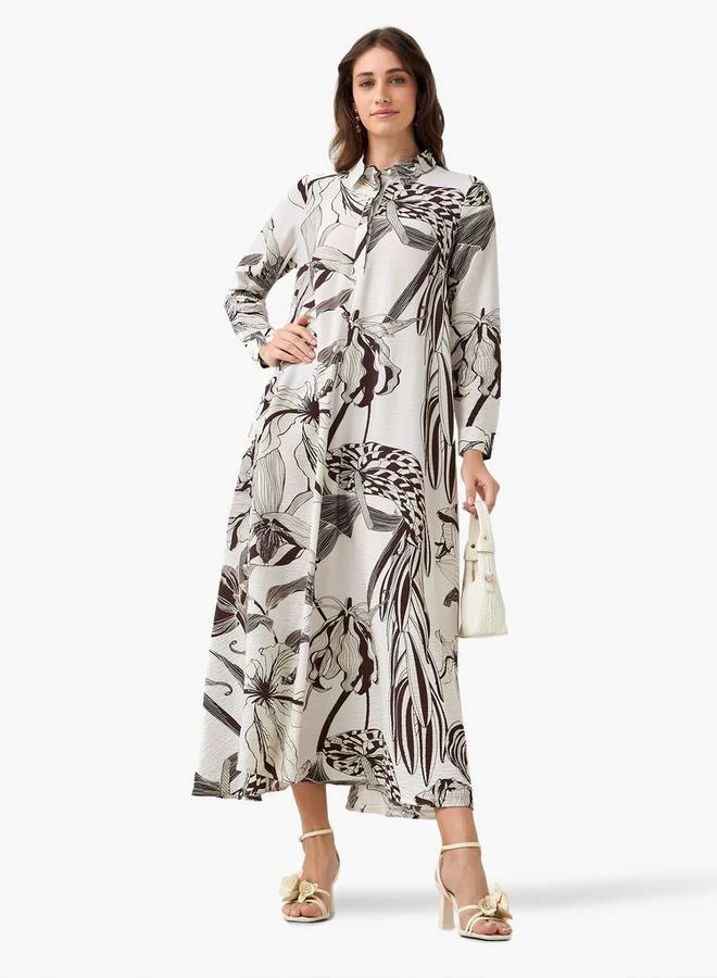 Iconic cream and brown floral Iconic Printed Women Shirt Dress with Concealed Placket for Women | Best Price UAE