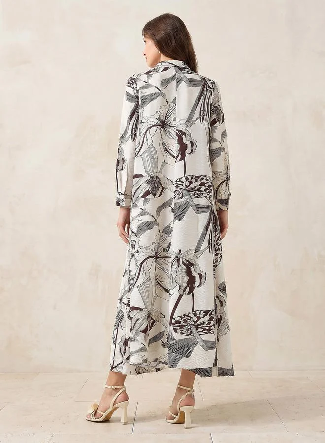 Iconic cream and brown floral Iconic Printed Women Shirt Dress with Concealed Placket for Women | Best Price UAE