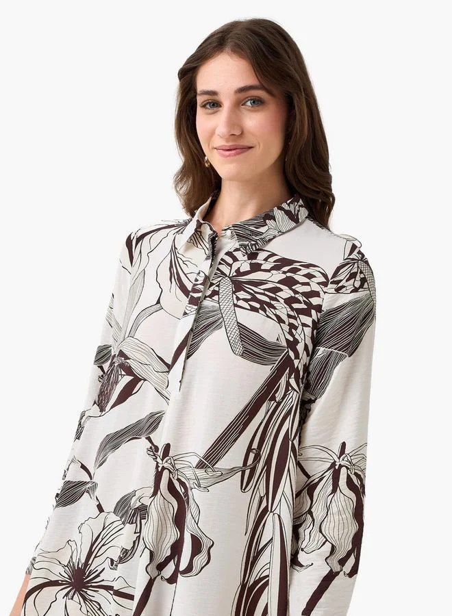Iconic cream and brown floral Iconic Printed Women Shirt Dress with Concealed Placket for Women | Best Price UAE