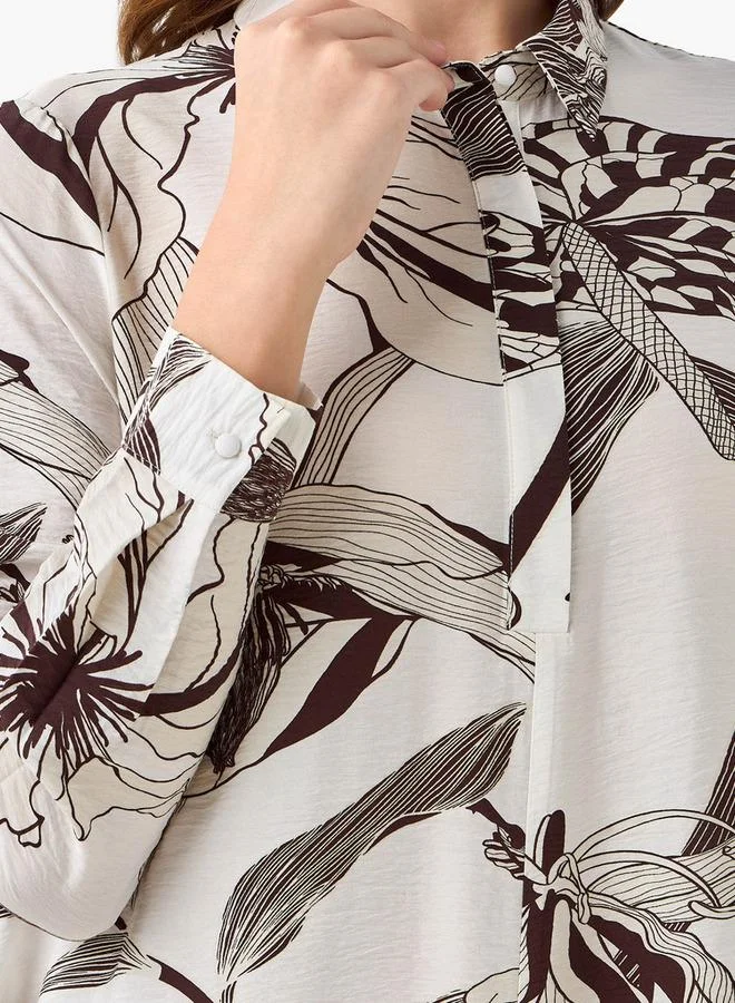 Iconic cream and brown floral Iconic Printed Women Shirt Dress with Concealed Placket for Women | Best Price UAE