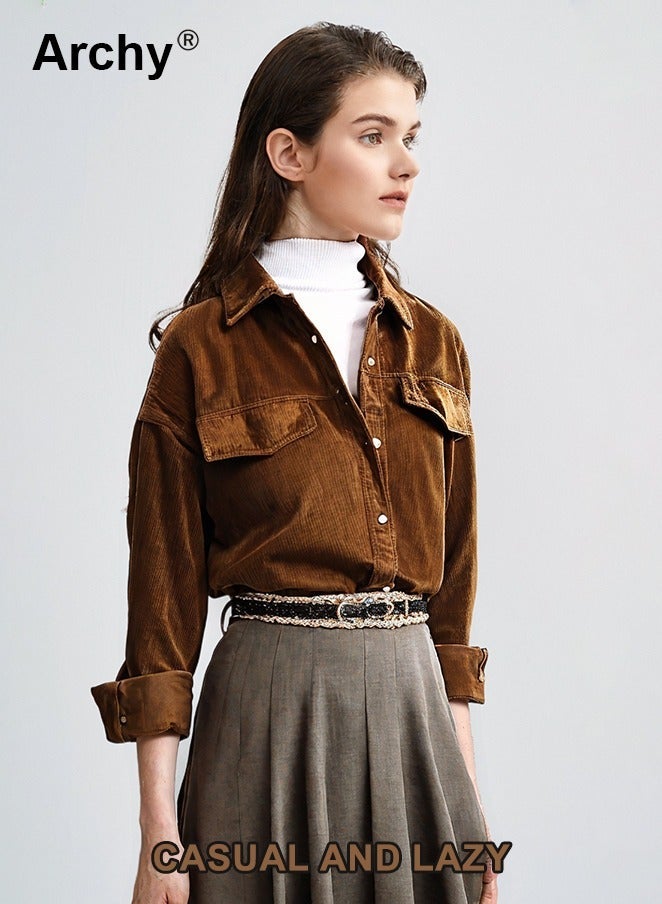 Archy Long Sleeve Women Blouse Autumn Solid Shirt And Blouses Corduroy Street Tops Casual All-match Young Mid-length Turn-Down Collar Single Breasted Female Clothing - Image 2