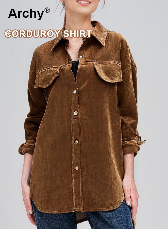 Archy Long Sleeve Women Blouse Autumn Solid Shirt And Blouses Corduroy Street Tops Casual All-match Young Mid-length Turn-Down Collar Single Breasted Female Clothing - Image 1