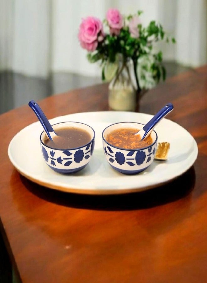 VOIDROP Set of 2 Handpainted Royal Blue Floral and Leaf-Stripe Pattern Ceramic Soup Bowls with Matching Spoons - Image 3