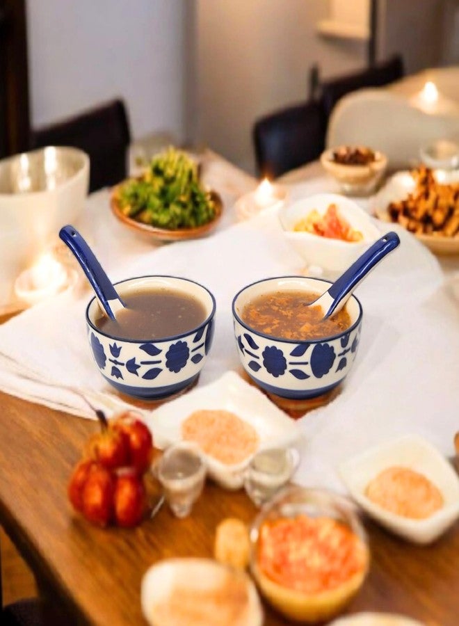VOIDROP Set of 2 Handpainted Royal Blue Floral and Leaf-Stripe Pattern Ceramic Soup Bowls with Matching Spoons - Image 4