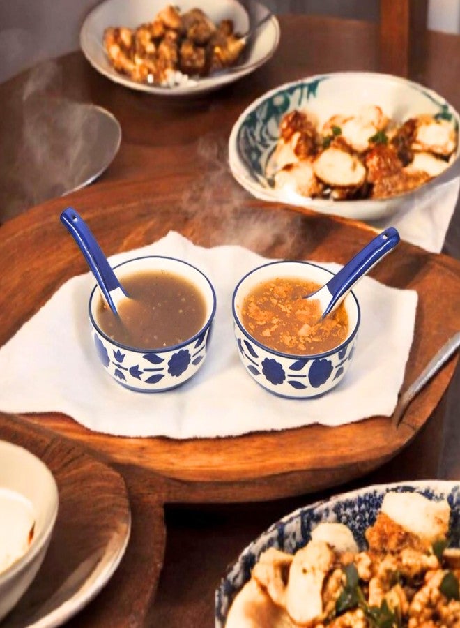 VOIDROP Set of 2 Handpainted Royal Blue Floral and Leaf-Stripe Pattern Ceramic Soup Bowls with Matching Spoons - Image 2