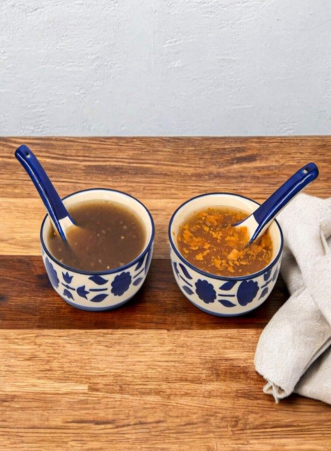 VOIDROP Set of 2 Handpainted Royal Blue Floral and Leaf-Stripe Pattern Ceramic Soup Bowls with Matching Spoons - Image 1