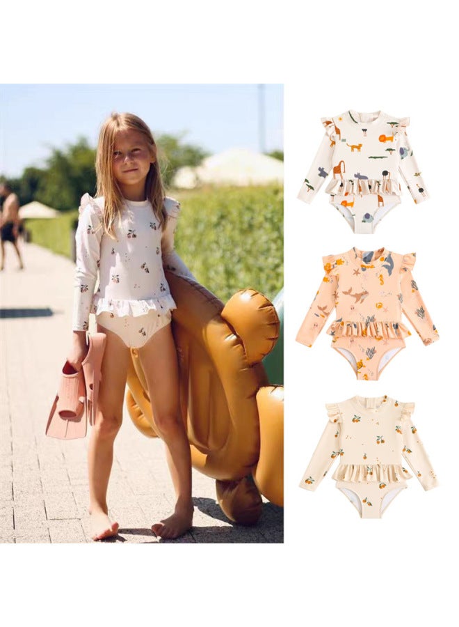 Children's Long-sleeved Sunscreen Swimsuit Girl's Quick-drying Women's Air-conditioning Girl's Cute Hot Spring Swimsuit-Color:9501 Animals (with Swimming Cap)-Size:100