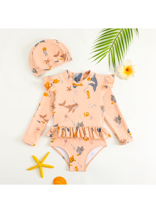 Children's Long-sleeved Sunscreen Swimsuit Girl's Quick-drying Women's Air-conditioning Girl's Cute Hot Spring Swimsuit-Color:9501 Animals (with Swimming Cap)-Size:100
