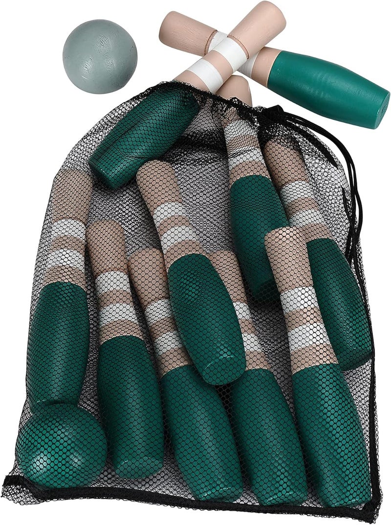 Sterling Sports Wooden Lawn Bowling 9" Skittles Set with Carrying Mesh Bag for Indoors and Outdoors - 10 Wooden Pins and 2 Balls, Green/Turquoise and Gray - Image 4