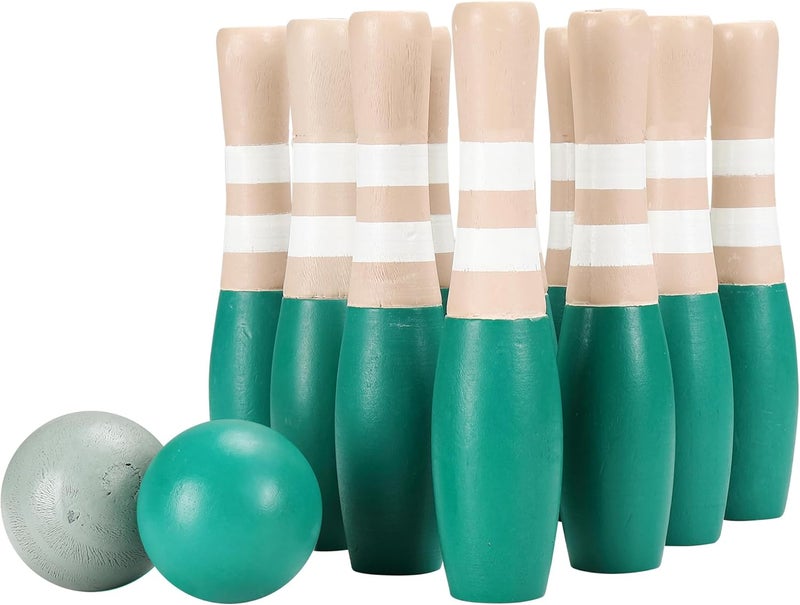 Sterling Sports Wooden Lawn Bowling 9" Skittles Set with Carrying Mesh Bag for Indoors and Outdoors - 10 Wooden Pins and 2 Balls, Green/Turquoise and Gray - Image 1