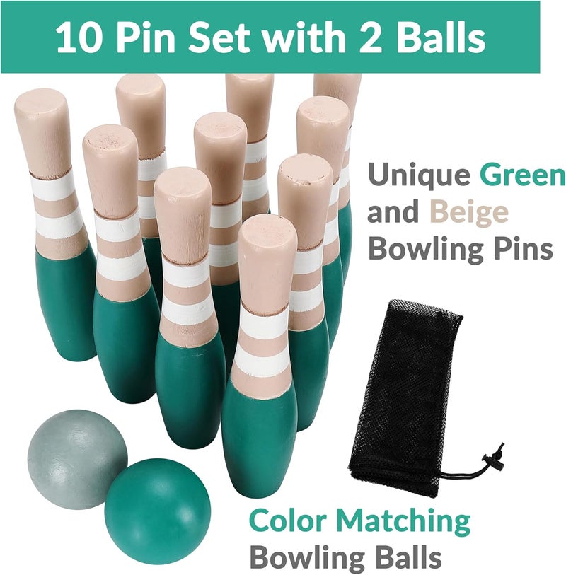 Sterling Sports Wooden Lawn Bowling 9" Skittles Set with Carrying Mesh Bag for Indoors and Outdoors - 10 Wooden Pins and 2 Balls, Green/Turquoise and Gray - Image 5