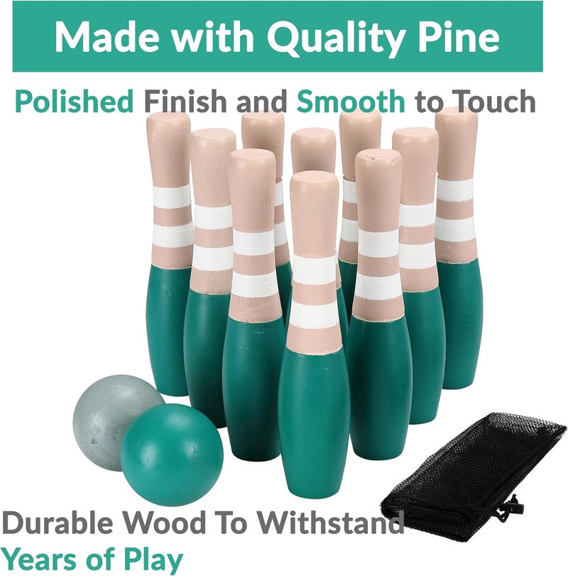 Sterling Sports Wooden Lawn Bowling 9" Skittles Set with Carrying Mesh Bag for Indoors and Outdoors - 10 Wooden Pins and 2 Balls, Green/Turquoise and Gray - Image 3
