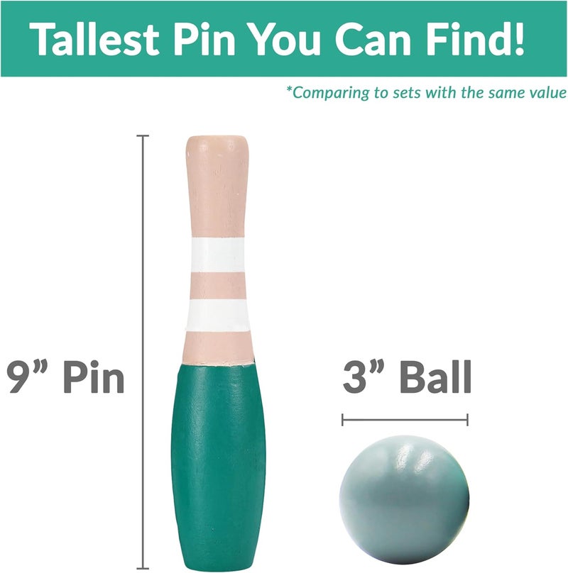 Sterling Sports Wooden Lawn Bowling 9" Skittles Set with Carrying Mesh Bag for Indoors and Outdoors - 10 Wooden Pins and 2 Balls, Green/Turquoise and Gray - Image 2