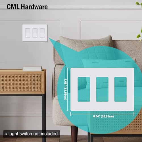 CML Hardware CML Screwless Decorator Wall Plates, 3-Gang Wall Safe Outlet Cover, 4 Pack Hidden Screw Switch Plate, Standard Size 4.68”X 6.54”, Impact Resistant, White - Image 5