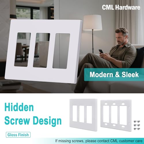 CML Hardware CML Screwless Decorator Wall Plates, 3-Gang Wall Safe Outlet Cover, 4 Pack Hidden Screw Switch Plate, Standard Size 4.68”X 6.54”, Impact Resistant, White - Image 2