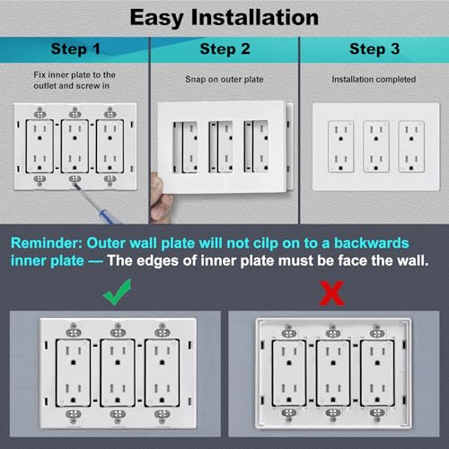 CML Hardware CML Screwless Decorator Wall Plates, 3-Gang Wall Safe Outlet Cover, 4 Pack Hidden Screw Switch Plate, Standard Size 4.68”X 6.54”, Impact Resistant, White - Image 4