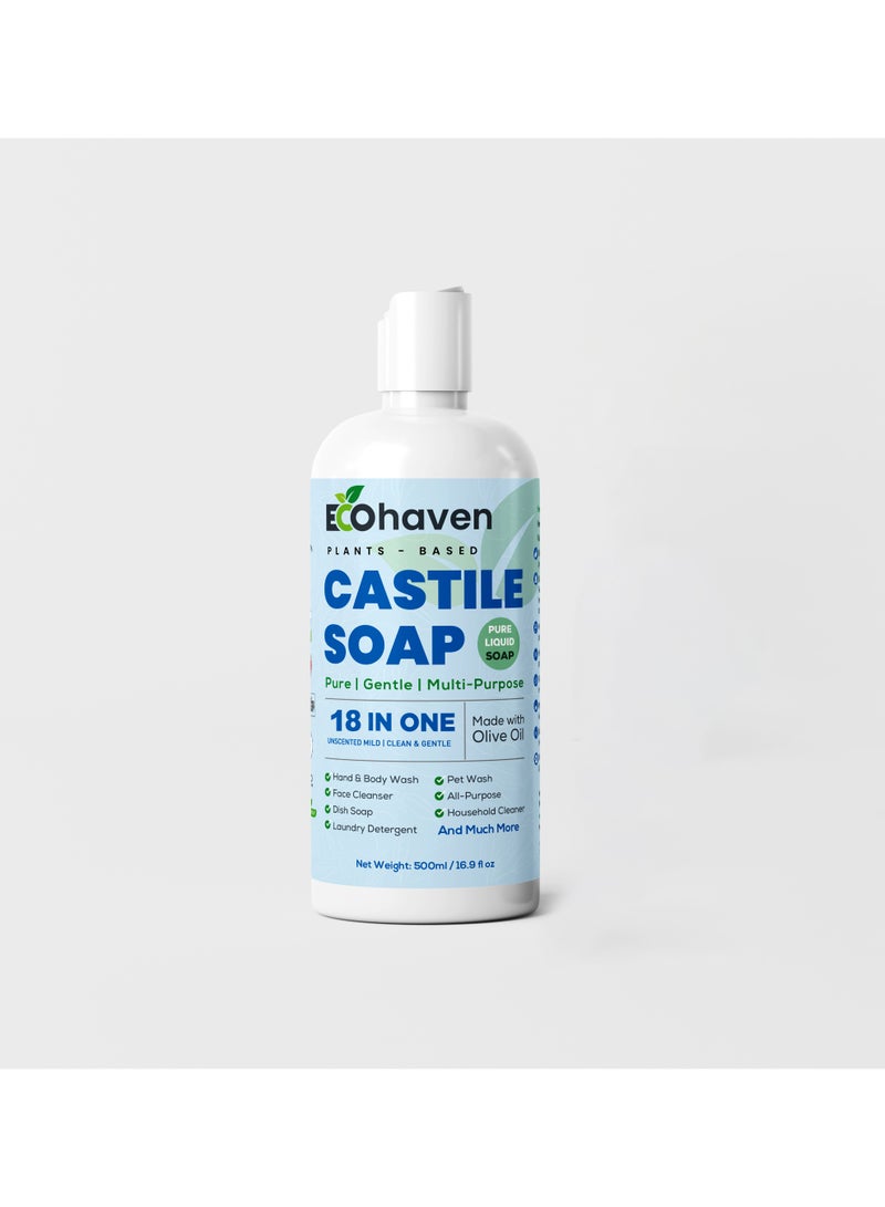 EcoHaven Organic,Pure Castile Liquid Soap - 100% Natural, Made with Organic Oils, 18-in-1 Uses: Face, Body, Hair, Laundry, Pets and Dishes, Concentrated, Vegan, Non-GMO,Non Toxic - 500 ml - Image 1