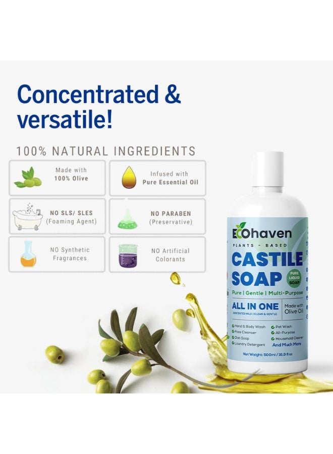 EcoHaven Organic,Pure Castile Liquid Soap - 100% Natural, Made with Organic Oils, 18-in-1 Uses: Face, Body, Hair, Laundry, Pets and Dishes, Concentrated, Vegan, Non-GMO,Non Toxic - 500 ml - Image 3