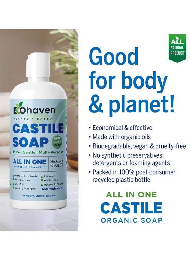 EcoHaven Organic,Pure Castile Liquid Soap - 100% Natural, Made with Organic Oils, 18-in-1 Uses: Face, Body, Hair, Laundry, Pets and Dishes, Concentrated, Vegan, Non-GMO,Non Toxic - 500 ml - Image 4