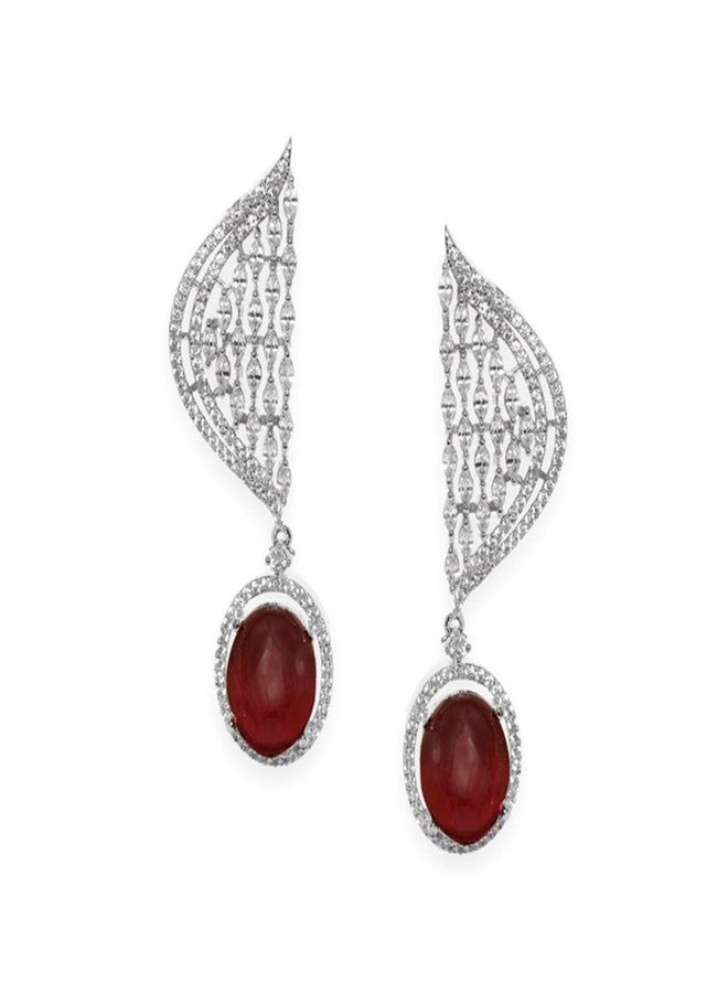 Rubans Rhodium-Plated Cubic Zirconia & Ruby Red Stone Studded Wing Design Statement Earrings for Women & Girls - Image 2
