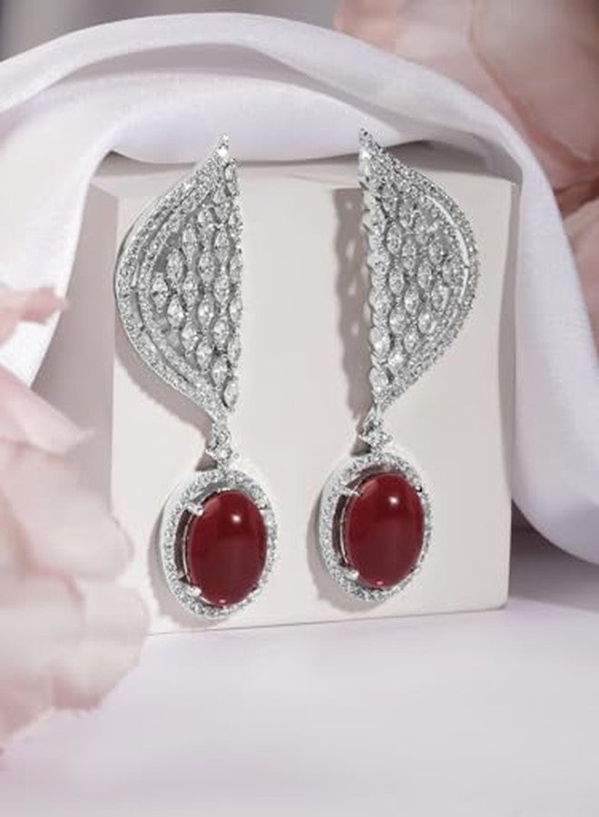 Rubans Rhodium-Plated Cubic Zirconia & Ruby Red Stone Studded Wing Design Statement Earrings for Women & Girls - Image 4