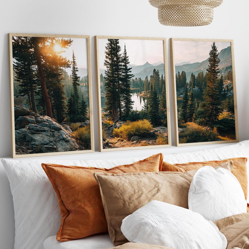 TNESSENTIAL Golden Hour Mountain Landscape Triptych Wall Art Poster or Canvas Print,, Alpine Lake Evergreen Forest Print, Serene Nature Set of 3 Prints - Image 1