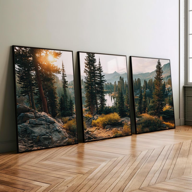 TNESSENTIAL Golden Hour Mountain Landscape Triptych Wall Art Poster or Canvas Print,, Alpine Lake Evergreen Forest Print, Serene Nature Set of 3 Prints - Image 4