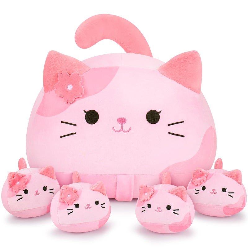 Auspicious beginning 5 PCS Pink Sakura Cat Plush Stuffed Animal Family19 Soft Pink Sakura Cat Plush Large Mommy Plushies with 4 Baby Kittens Plushies Kawaii Plush Toy Christmas Birthday Gifts for Kids Boys Girls - Image 3