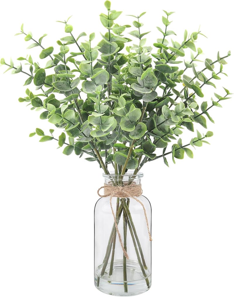 Bessol Artificial Eucalyptus Stems in Glass Vase with Faux Water, 14.57" Small Fake Plants Eucalyptus Leaves for Centerpiece Table Bathroom Farmhouse Shelf Kitchen Office Home Faux Greenery Decor - Image 1