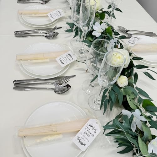 SL crafts 50 Sets Imitated Silk Hand Fan with Tassel and Organza Bags and Thank You Tags Fabric Handheld Folding Fans Bamboo Frame Bridal Dancing Props Wedding Party Favors (Cream) - Image 3