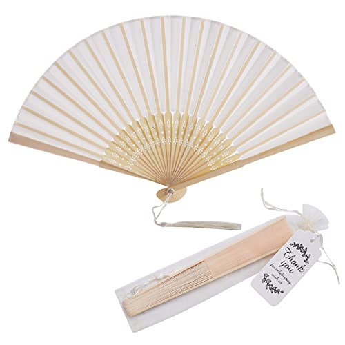 SL crafts 50 Sets Imitated Silk Hand Fan with Tassel and Organza Bags and Thank You Tags Fabric Handheld Folding Fans Bamboo Frame Bridal Dancing Props Wedding Party Favors (Cream) - Image 1