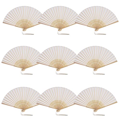 SL crafts 50 Sets Imitated Silk Hand Fan with Tassel and Organza Bags and Thank You Tags Fabric Handheld Folding Fans Bamboo Frame Bridal Dancing Props Wedding Party Favors (Cream) - Image 5