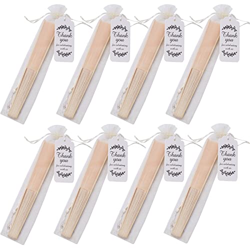 SL crafts 50 Sets Imitated Silk Hand Fan with Tassel and Organza Bags and Thank You Tags Fabric Handheld Folding Fans Bamboo Frame Bridal Dancing Props Wedding Party Favors (Cream) - Image 4