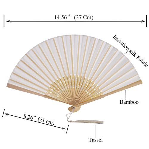 SL crafts 50 Sets Imitated Silk Hand Fan with Tassel and Organza Bags and Thank You Tags Fabric Handheld Folding Fans Bamboo Frame Bridal Dancing Props Wedding Party Favors (Cream) - Image 2