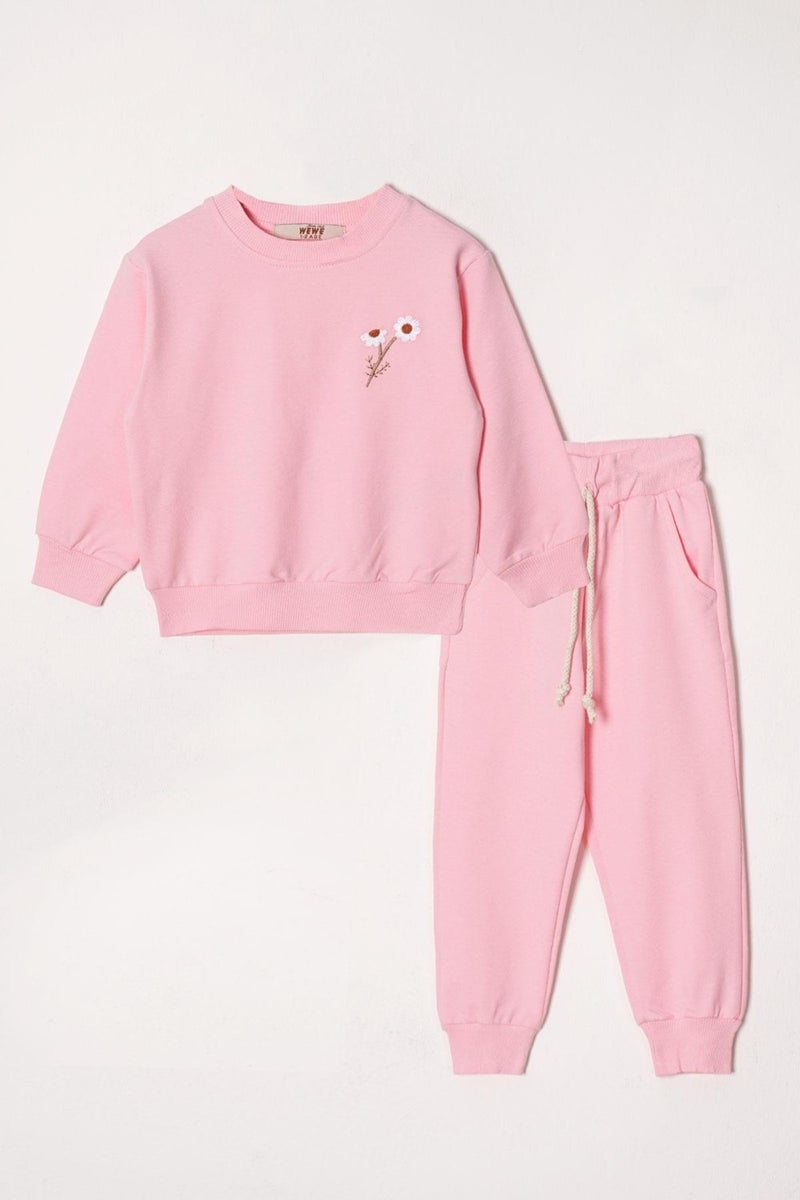 Acar Crew Neck Long Sleeve Daisy Embroidered Pink Color Girl Tracksuit - Image 1