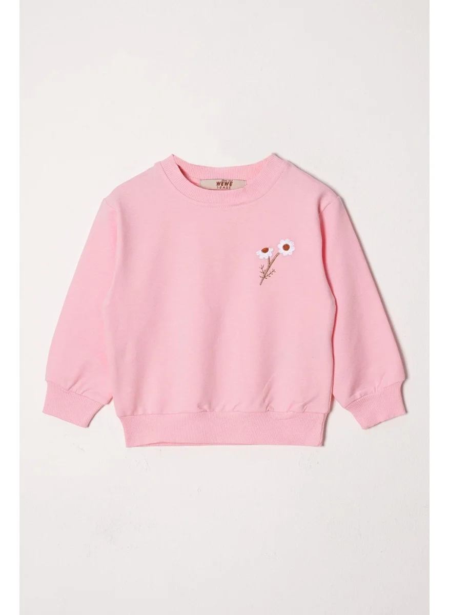 أكار Crew Neck Long Sleeve Daisy Embroidered Pink Color Girl Tracksuit