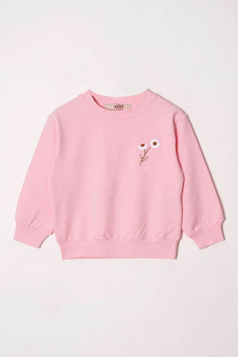 Acar Crew Neck Long Sleeve Daisy Embroidered Pink Color Girl Tracksuit - Image 2