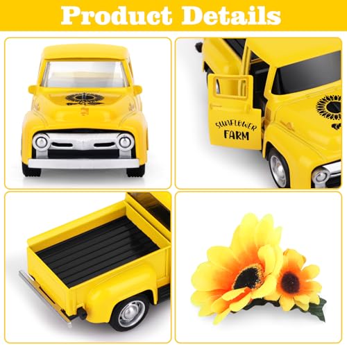 Lemicin Sunflower Vintage Metal Truck Mini Metal Farm Truck Decor with Sunflower Bouquet Farmhouse Rustic Pickup Tiered Tray Decor for Home Kitchen Shelf Table Decor Yellow - Image 3