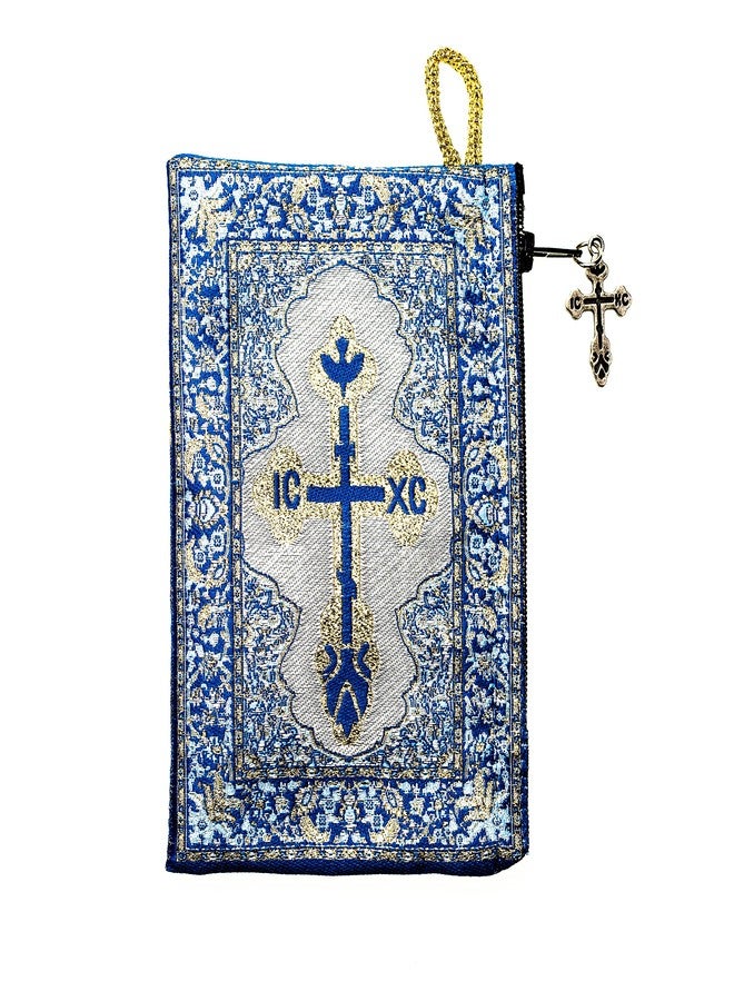 Intercession جراب مسبحة منسوج يدويًا ومبطن، عليه صورة مريم العذراء والطفل، صنع في تركيا بخيط معدني فاخر (أزرق - كبير) - Image 2