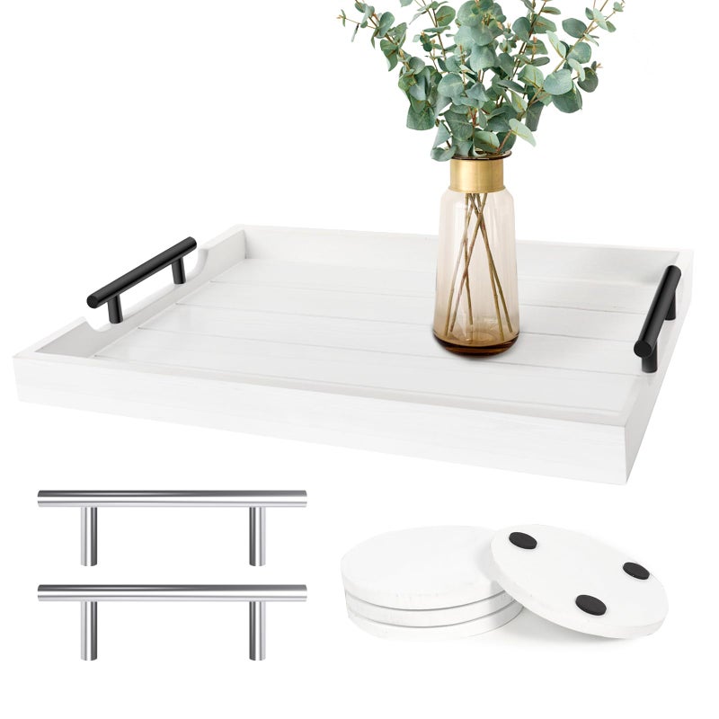 SXNOWS Coffee Table Tray - Large Ottoman Tray for Living Room - Wood Serving Tray with 2 Sets of Handles - Wooden Tray for Coffee Table, 4 Round Coasters Included, White - Image 1