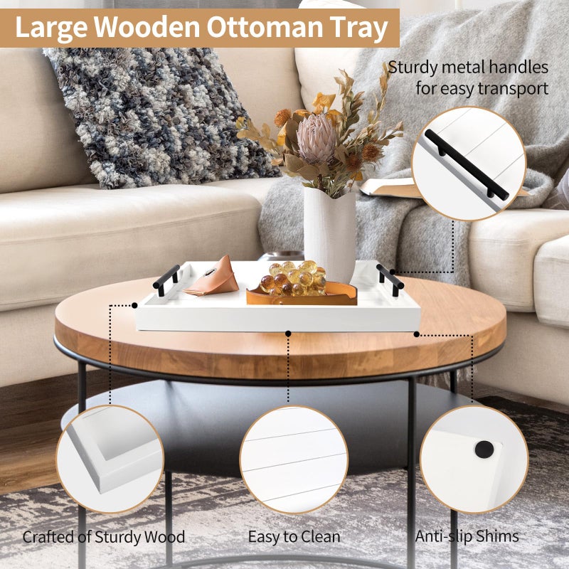 SXNOWS Coffee Table Tray - Large Ottoman Tray for Living Room - Wood Serving Tray with 2 Sets of Handles - Wooden Tray for Coffee Table, 4 Round Coasters Included, White - Image 2