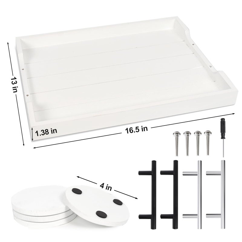 SXNOWS Coffee Table Tray - Large Ottoman Tray for Living Room - Wood Serving Tray with 2 Sets of Handles - Wooden Tray for Coffee Table, 4 Round Coasters Included, White - Image 3