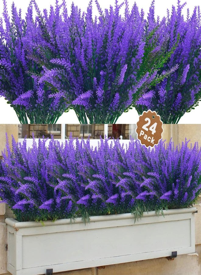 Aufind 24 Bundles Artificial Lavender, Outdoor Indoor UV Resistant Fake Faux Plant No Fade Plastic Greenery Shrubs Garden Porch Window Box Decorating Purple - Image 1
