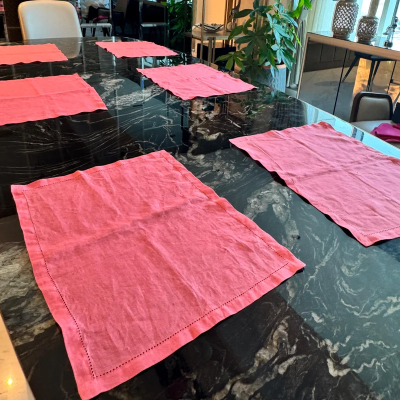 Tohfa Luxe Pink Linen Embroidered Placemats – Set of 6 (35 x 50 cm)